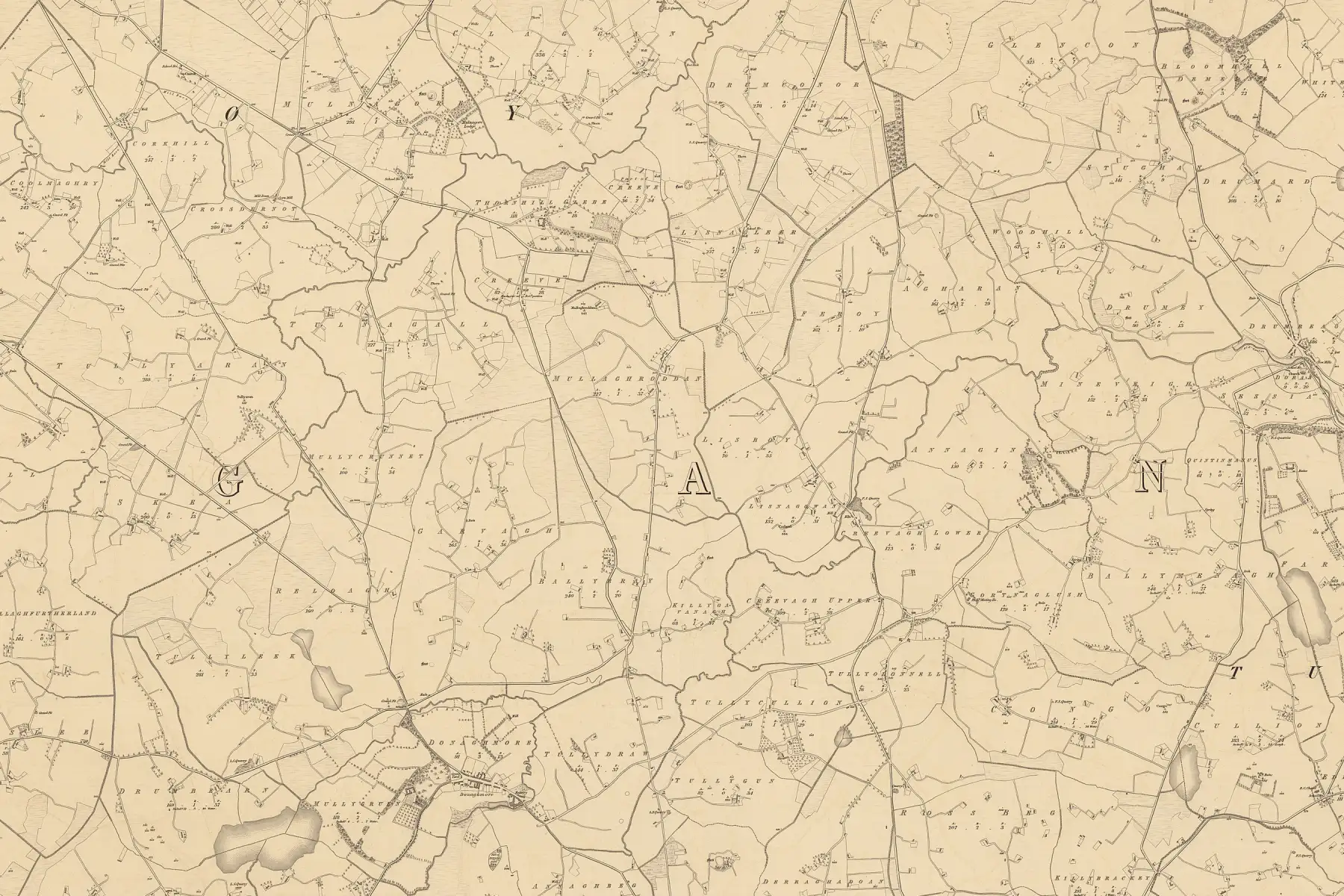 Detail from the 1837 Ordnance Survey six-inch map: townland boundaries, field patterns and roads